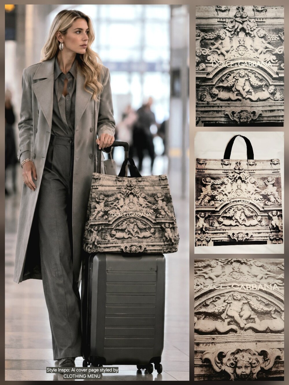 Rear DOLCE & GABBANA Tote Bag - Grey and Black Baroque Cherub Print - NWOT